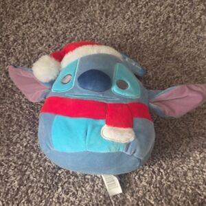 Disney Blue and Red Stitch Stuffed Animal with Santa Hat